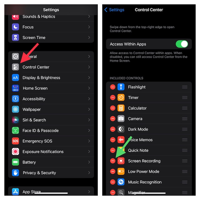 Method 1: Turning off screen recording through control center: