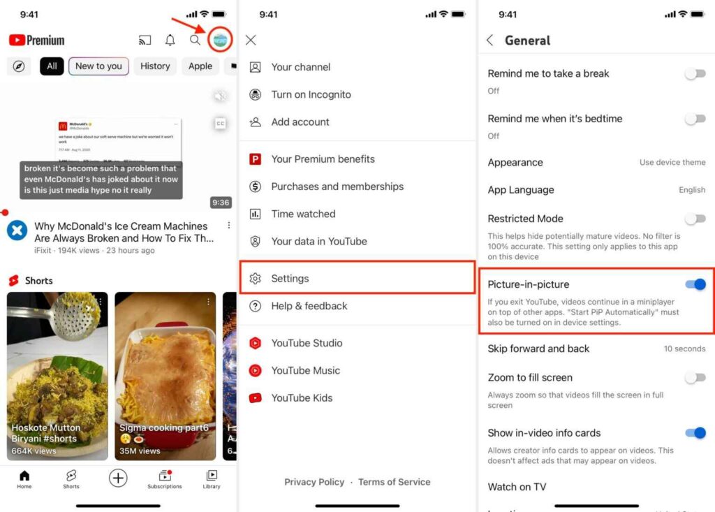 Enable Picture-in-Picture in YouTube Settings