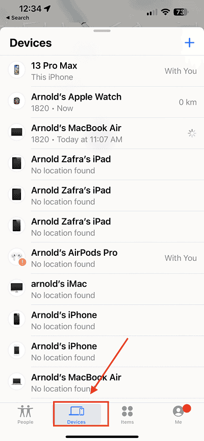 Select devices from find my app