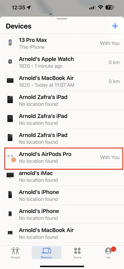 Select the airpods and check location